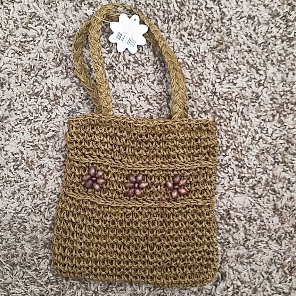 Small Brown Jute Purse – Wooden Bead Flower Design – Boho Handmade Bag
